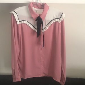 Mauve cowboy style button down top with black tie